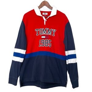 Tommy Hilfiger Rugby Polo Shirt Large Red Navy Colorblock Long Sleeve 1985 Logo